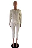 White knit Fashion Casual adult Solid HOLLOWED OUT Patchwork Two Piece Suits pencil Long Sleeve