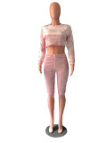 Pink Elastic Fly Mid Solid pencil Capris Two-piece suit