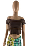 Coffee Fashion Sexy Solid Patchwork See-through Off the Shoulder T-Shirts