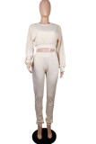 Cream white Fashion Adult Living Polyester Solid Split Joint O Neck Long Sleeve Regular Sleeve Short Two Pieces