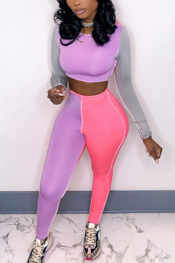 Pink Casual Solid Patchwork O Neck Long Sleeve Two Pieces
