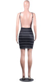 Grey Polyester Fashion adult Sweet Black Grey Off The Shoulder Sleeveless Slip Pencil Dress Knee-Length Striped Print Patchwork backless Tongue Dresses