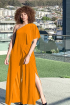 Orange Casual Fashion Split Asymmetrical Draped Solid Polyester Short Sleeve one shoulder collar