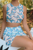 Blue Lace Sweet Animal Prints Print lace Hip skirt Sleeveless Two Pieces