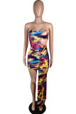 Multi-color Polyester Fashion Sexy Off The Shoulder Sleeveless Wrapped chest Step Skirt Mini asymmetrical Print