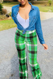 Green Fashion Casual Plaid Print Basic Regular High Waist Trousers