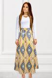 Yellow Polyester Elastic Fly Sleeveless High Print Geometric Floral A-line skirt Pants