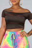 Coffee Fashion Sexy Solid Patchwork See-through Off the Shoulder T-Shirts