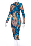 Colour Sexy Print Asymmetrical O Neck Pencil Skirt Dresses