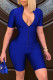 Blue Fashion Casual Solid Basic Zipper Collar Skinny Romper