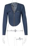 Light Blue Street Solid Patchwork V Neck Tops