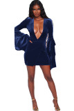 Navy Blue Polyester Sexy Ruffled Sleeve Long Sleeves V Neck Step Skirt skirt Solid Patchwork Club Dresses