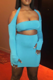 Blue Casual Solid Split Joint Half A Turtleneck Long Sleeve Two Pieces