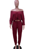 Wine Red Sexy Casual Solid V Neck Long Sleeve Regular Sleeve Short Two Pieces