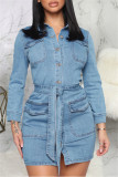 Blue Fashion Casual Solid Basic Turndown Collar Denim Dress