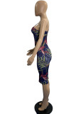Multi-color Fashion Sexy Print Hollowed Out Oblique Collar Sleeveless Dress