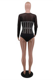Red Fashion Sexy Patchwork See-through Hot Drill O Neck Skinny Romper
