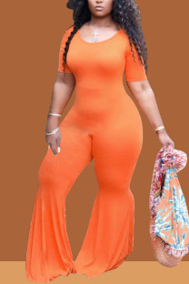 Orange Polyester Fashion Sexy O Neck Solid Plus Size