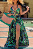 Green Fashion Print Patchwork Halter Swagger Dresses