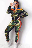 multicolor Polyester OL Two Piece Suits Print Straight Long Sleeve Two-piece Pants Set