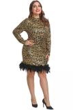 Apricot Polyester Fashion adult Sexy O Neck Zippered Patchwork Sequin Leopard Print Feathers