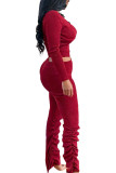 Wine Red Sexy Polyester Solid Split Joint Fold U Neck Long Sleeve Regular Sleeve Short Two Pieces