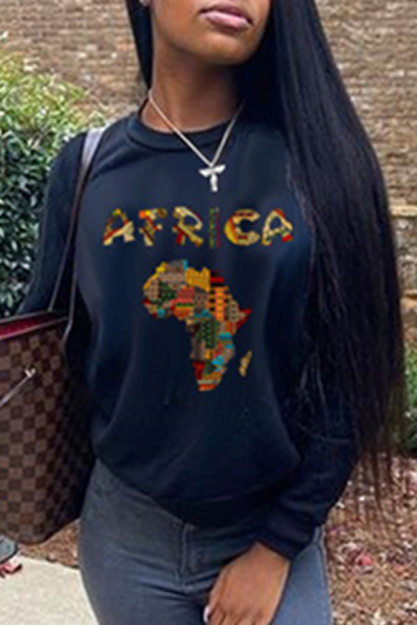 Black Fashion Casual Print Basic O Neck Tops