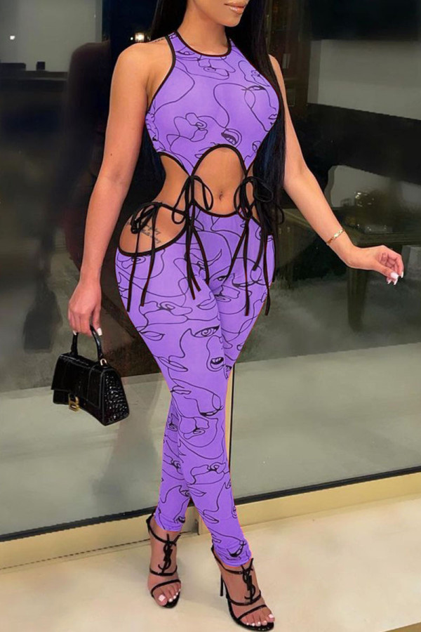Purple Sexy Print Bandage O Neck Sleeveless Two Pieces