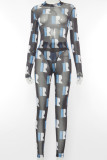 Blue Casual Print Hollowed Out Patchwork Tie-dye O Neck Long Sleeve Two Pieces