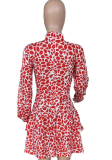 Red White Sexy Print Patchwork Half A Turtleneck A Line Dresses