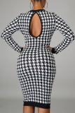 Black Casual Plaid Hollowed Out O Neck Wrapped Skirt Dresses