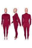 rose red Fashion Daily Adult Solid Patchwork O Neck Long Sleeve Regular Sleeve Regular Two Pieces