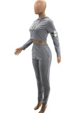 Grey Work Daily Solid Hooded Collar Two Pieces