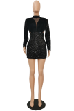 Red Sexy Patchwork Sequins Mesh Turtleneck Wrapped Skirt Dresses
