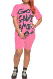 Pink Cotton Sexy Letter Print Straight Short Sleeve Two Pieces