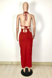 Red Sexy Solid Hollowed Out Halter Pencil Skirt Dresses