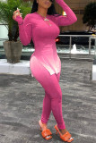 Pink Elegant Gradual Change Print O Neck Long Sleeve Two Pieces