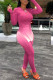 Pink Elegant Gradual Change Print O Neck Long Sleeve Two Pieces
