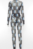 Blue Casual Print Hollowed Out Patchwork Tie-dye O Neck Long Sleeve Two Pieces