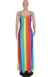 Red Fashion Sexy Spaghetti Strap Sleeveless Slip Pleated Floor-Length Print asymmetrical Patchwork