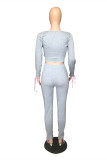 Grey Fashion Sexy Casual Solid Strap Design O Neck Long Sleeve Two Pieces