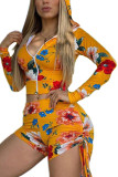 Yellow Polyester Fashion Active Print Two Piece Suits Straight Long Sleeve Two Pieces