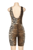 Tiger Pattern Sexy Animal Print Split Joint V Neck Skinny Jumpsuits