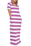 purple Polyester Fashion Sexy adult Light Gray purple Hide Blue Cap Sleeve Short Sleeves Hooded Step Skirt Floor-Length Striped Print Patchwork split Dresses