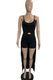 Black Casual Solid Split Joint Spaghetti Strap Sleeveless Two Pieces