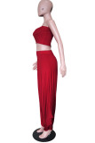 Red Polyester Fashion Sexy adult Ma'am Solid Two Piece Suits Harlan pants Sleeveless Two Pieces