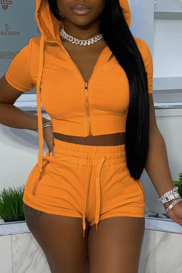 Orange Fashion Casual Solid Basic Hooded Collar Short Sleeve Two Pieces