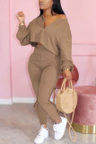 Khaki Fashion Patchwork Solid Asymmetrical V Neck Long Sleeve Two Pieces