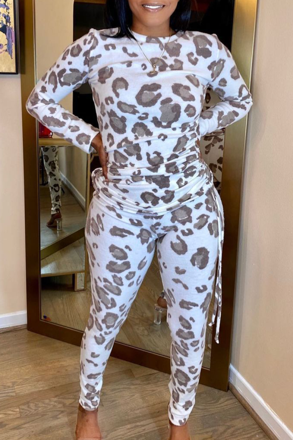 White Casual Leopard Patchwork Draw String O Neck Long Sleeve Two Pieces