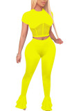 Yellow Polyester Fashion Sexy adult Ma'am Patchwork Solid Two Piece Suits Straight Short Sleeve Two Pieces